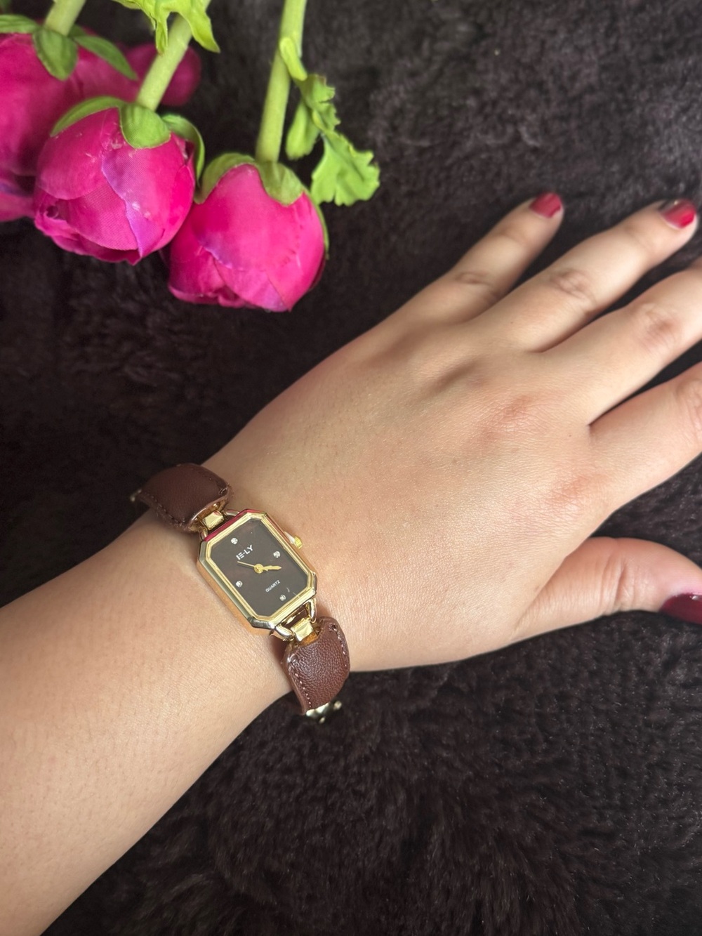 Gold-Tone Octagon Watch with Brown Leather Strap